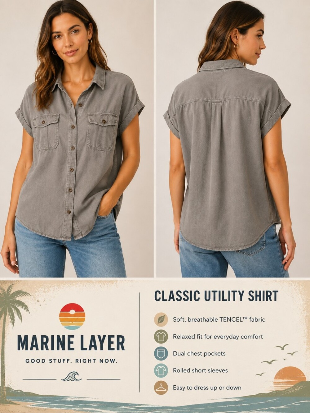 Marine Layer Gray Utility Button Front Shirt Short Sleeve Dual Pocket Size XS